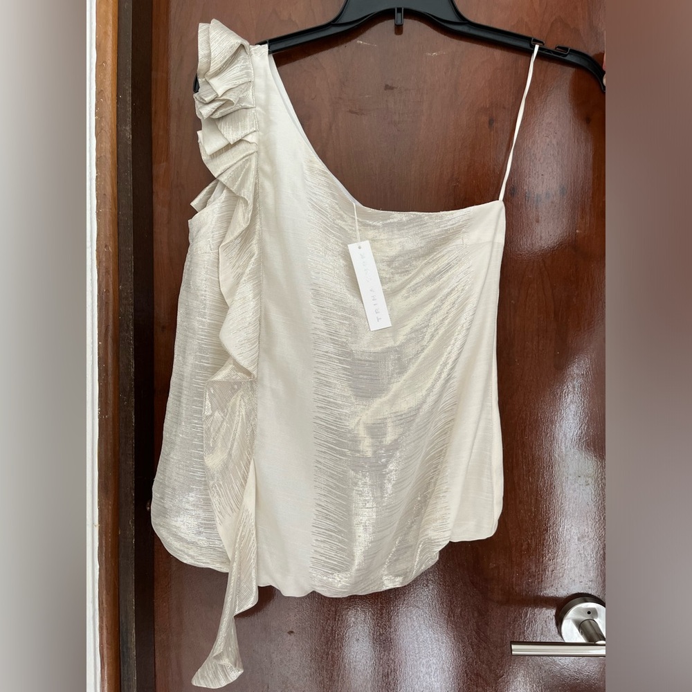 Trina Turk Chic Sophisticated Silk One Shoulder Evening Top Ivory Asymmetrical